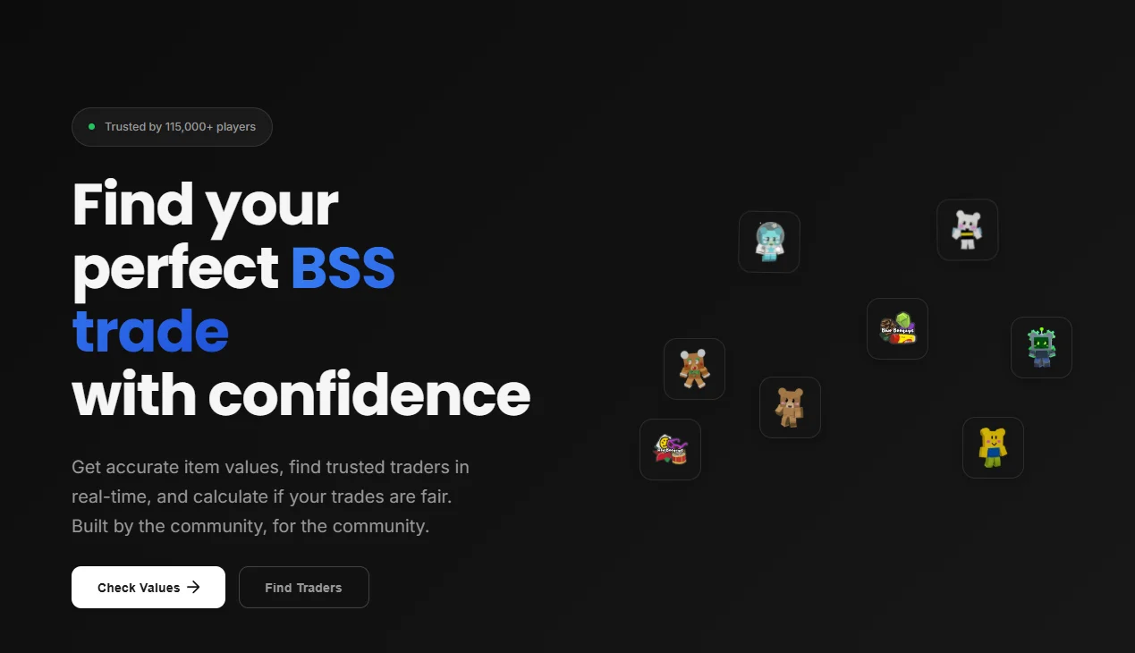 BSSM Values website homepage showing item prices