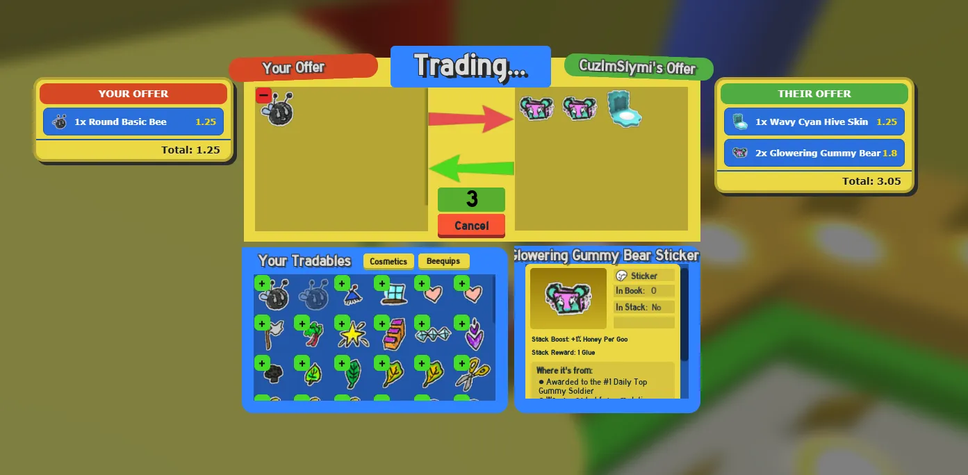 Trading overlay showing trade values in-game