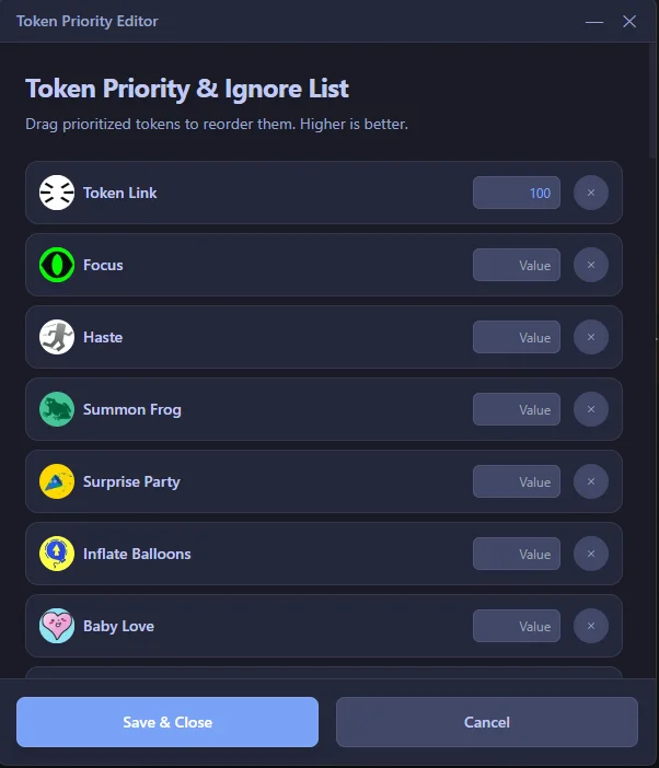 BSSAI token priority editor interface